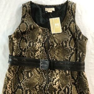 Michael Michael Kors Half Zip Sleeveless Green Snakeskin Print Belted Dress